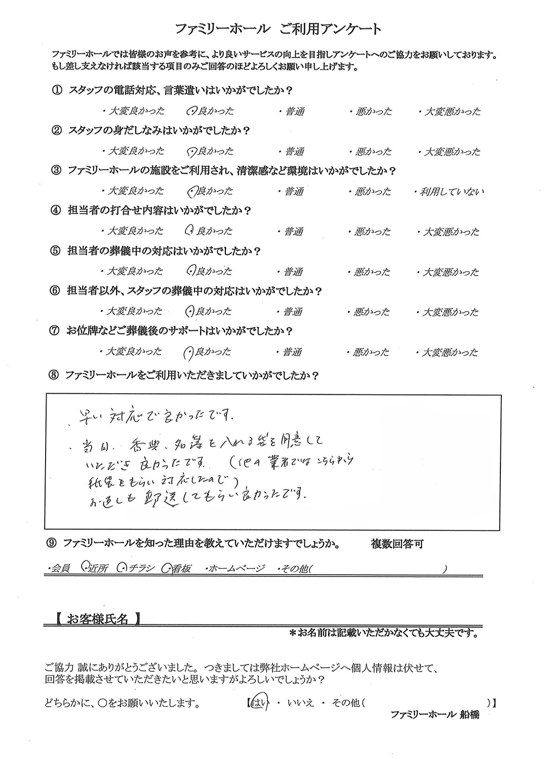 2026年2月19日に追加したファミリーホールご利用アンケートの内容。早い対応で良かったです。当日、香典、名簿を入れる袋を用意していただき良かったです。